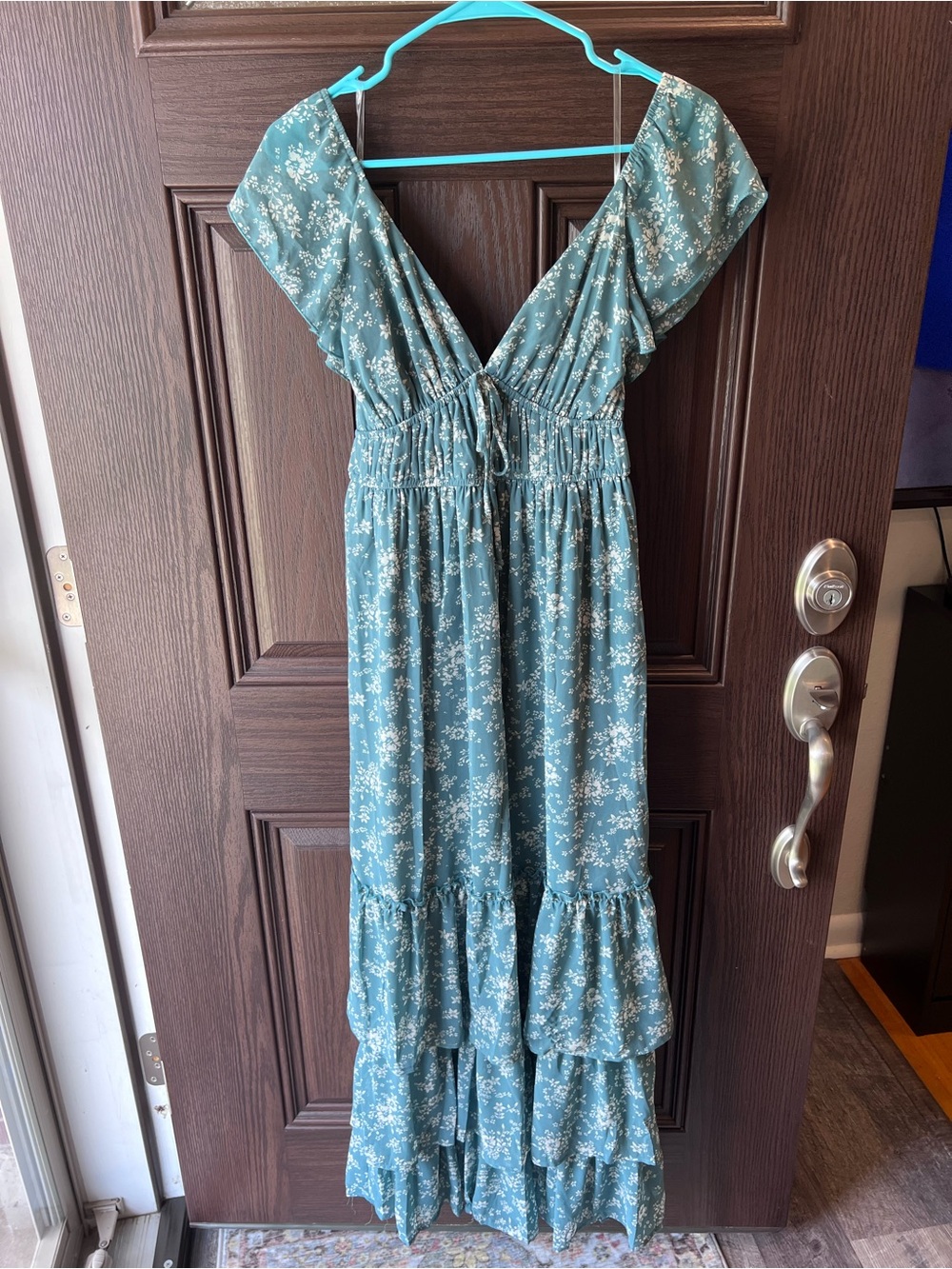 Emerald Sundae Teal Floral Maxi Dress with Tiered Ruffle Skirt